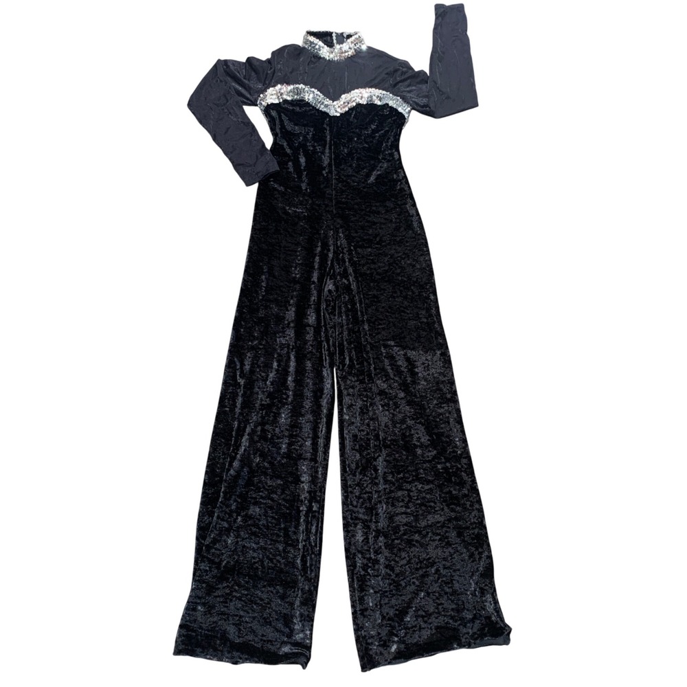 Colorifics Jumpsuit Medium Black Velvet Sequin Long‎ Sleeve Made in USA
